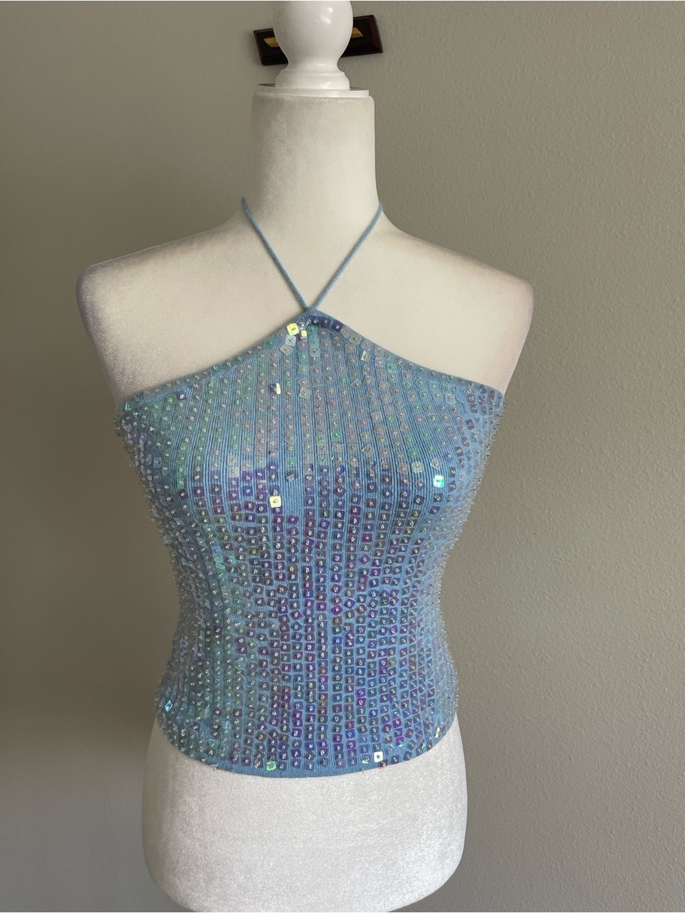 52 Weekends Iridescent Blue Halter Sequin Camisole